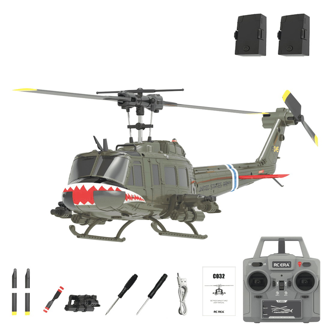 RC ERA C032 UH-1 Huey 6CH RC Helicopter for Adults, 1/48 Scale with 6-Axis Gyro, Altitude Hold & 3D Inverted Flight, 2.4G Remote Control, Ready to Fly Shark Mouth - 2 batteries