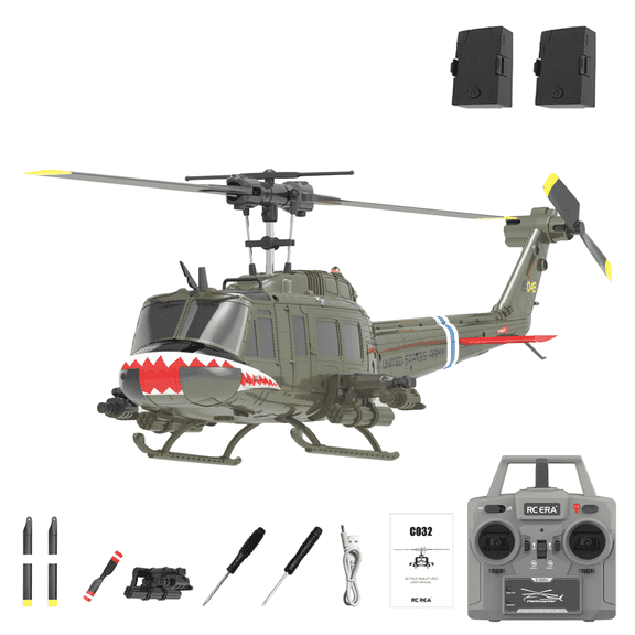 RC ERA C032 UH-1 Huey 6CH RC Helicopter for Adults, 1/48 Scale with 6-Axis Gyro, Altitude Hold & 3D Inverted Flight, 2.4G Remote Control, Ready to Fly Shark Mouth - 2 batteries