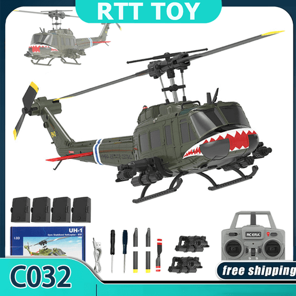 RC ERA C032 UH-1 Huey RC Helicopter, 6CH 2.4G Flybarless Helicopter with 6-Axis Gyro, Altitude Hold, 3D Inverted Flight, Optical Flow Positioning, 1/48 Scale Aircraft Model for Adults