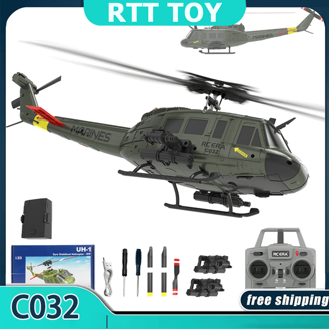 RC ERA C032 UH-1 Huey RC Helicopter, 6CH 2.4G Flybarless Helicopter with 6-Axis Gyro, Altitude Hold, 3D Inverted Flight, Optical Flow Positioning, 1/48 Scale Aircraft Model for Adults