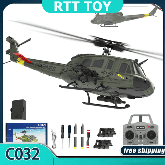 RC ERA C032 UH-1 Huey RC Helicopter, 6CH 2.4G Flybarless Helicopter with 6-Axis Gyro, Altitude Hold, 3D Inverted Flight, Optical Flow Positioning, 1/48 Scale Aircraft Model for Adults