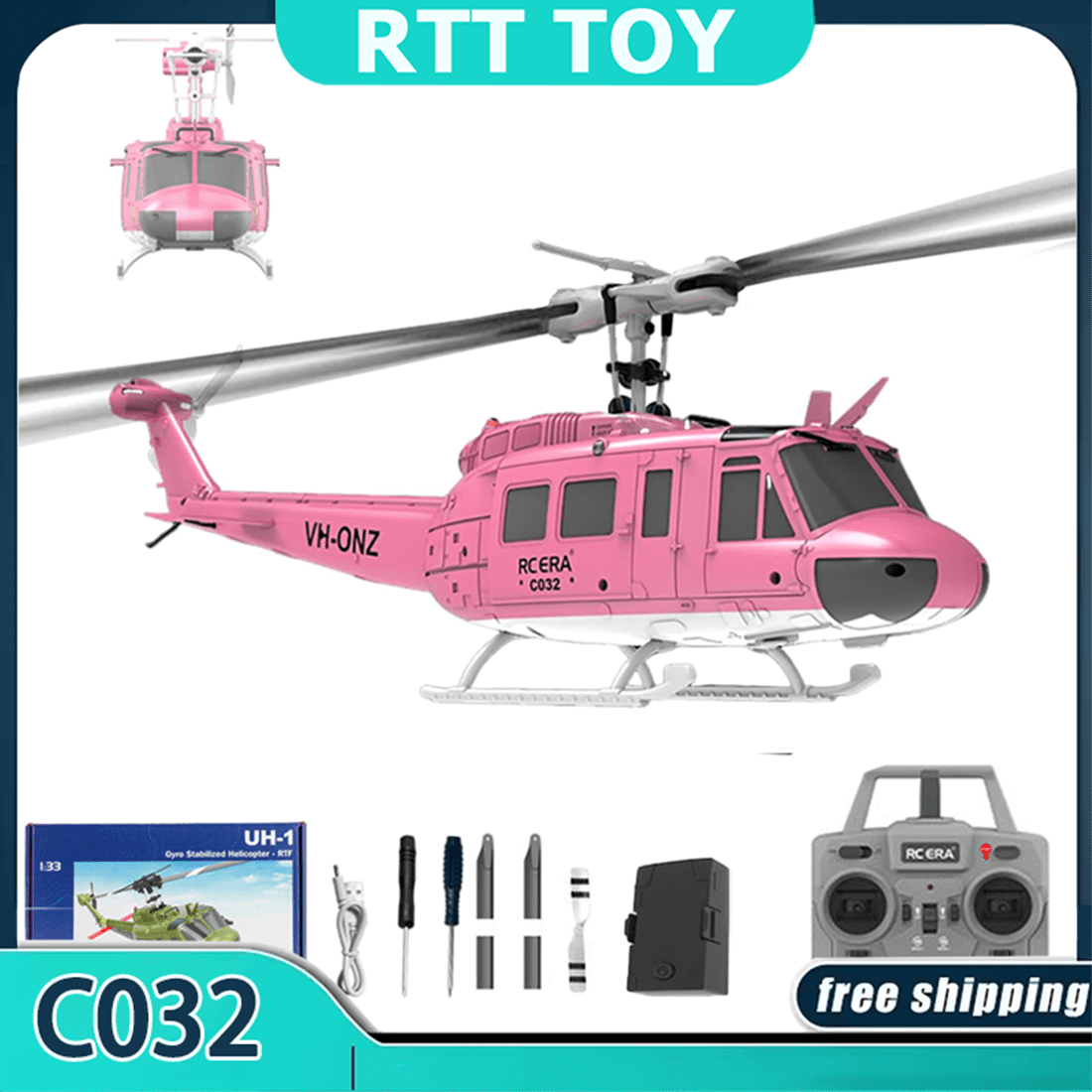 RC ERA C032 UH-1 Huey RC Helicopter, 6CH 2.4G Flybarless Helicopter with 6-Axis Gyro, Altitude Hold, 3D Inverted Flight, Optical Flow Positioning, 1/48 Scale Aircraft Model for Adults