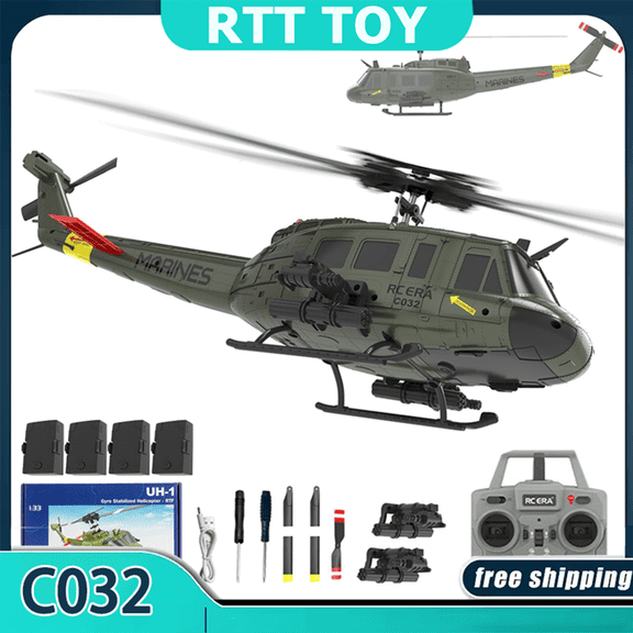 RC ERA C032 UH-1 Huey RC Helicopter, 6CH 2.4G Flybarless Helicopter with 6-Axis Gyro, Altitude Hold, 3D Inverted Flight, Optical Flow Positioning, 1/48 Scale Aircraft Model for Adults