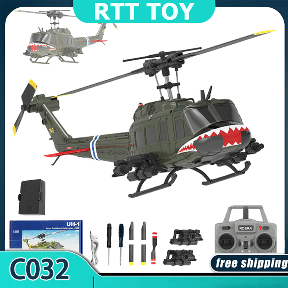 RC ERA C032 UH-1 Huey RC Helicopter, 6CH 2.4G Flybarless Helicopter with 6-Axis Gyro, Altitude Hold, 3D Inverted Flight, Optical Flow Positioning, 1/48 Scale Aircraft Model for Adults