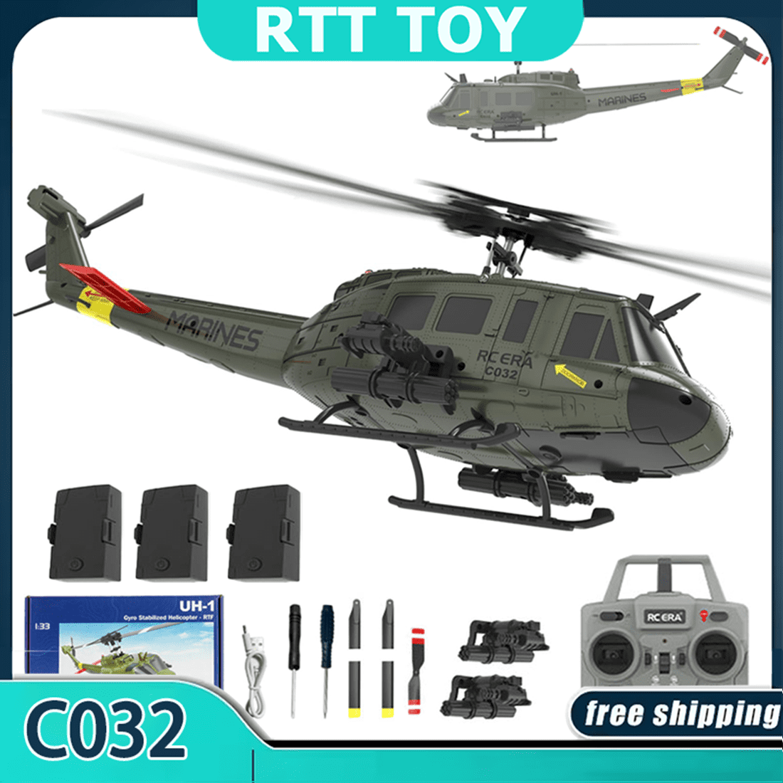 Domiuie RC ERA C032 1:48 Escala UH-1 Huey Helicóptero, 6CH Flybarless Motor sin escobillas Avión RC con estabilización giroscópico, helicóptero de control remoto de alta precisión de vuelo de
