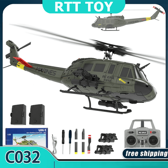 RC ERA C032 UH-1 Huey RC Helicopter, 6CH 2.4G Flybarless Helicopter with 6-Axis Gyro, Altitude Hold, 3D Inverted Flight, Optical Flow Positioning, 1/48 Scale Aircraft Model for Adults