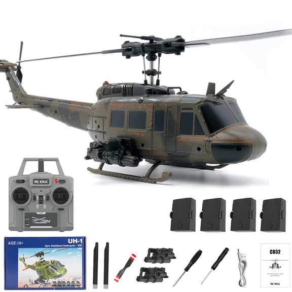 RC ERA C032 UH-1 Huey RC Helicopter, 6CH Flybarless Remote Control Helicopter 6-Axis Gyro & Optical Flow & Smart Positioning, 1/48 Scale Military Aricraft Hobbyist Model | 13min Flight Time