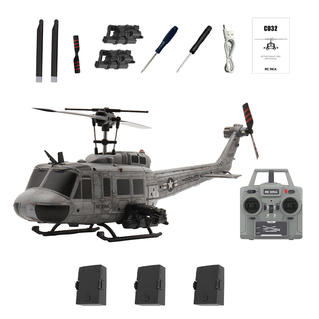 RC ERA C032 UH-1 Huey Helicóptero, escala 1/48 2.4G 6CH Modelo de helicóptero de control remoto, avión RC sin escobillas sin barras con giroscopio de 6 ejes estabilizado y retención de altitud