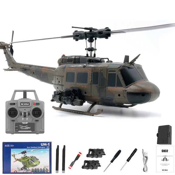 RC ERA C032 UH-1 Huey RC Helicopter, 6CH Flybarless Remote Control Helicopter 6-Axis Gyro & Optical Flow & Smart Positioning, 1/48 Scale Military Aricraft Hobbyist Model | 13min Flight Time