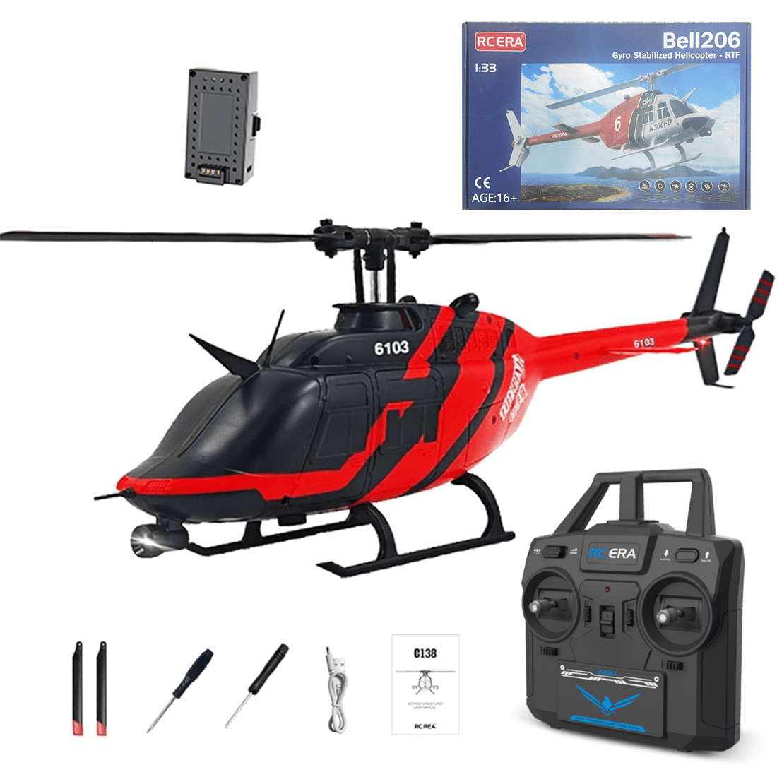 RC-ERA C138 Bell 206 6CH RTF RC Helicopter 2.4GHz Single Rotor Aircraft with Altitude Hold, Optical Flow Positioning, 6 Axis Gyro, One Key Takeoff Landing for Adults - 1 Battery