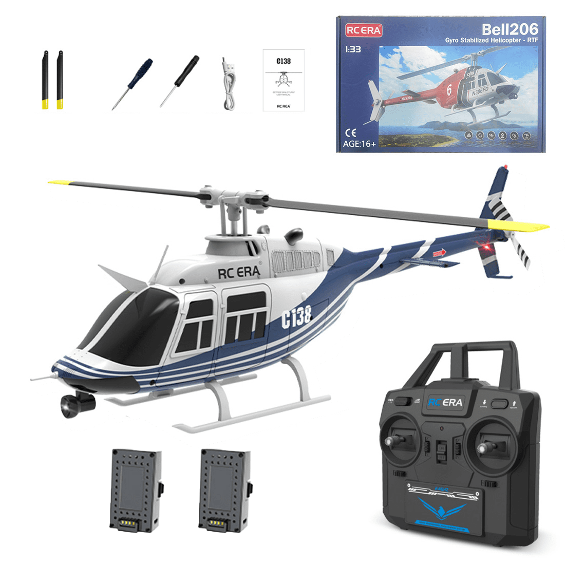 RC-ERA C138 Bell 206 6CH RTF RC Helicopter 2.4GHz Single Rotor Aircraft with Altitude Hold, Optical Flow Positioning, 6 Axis Gyro, One Key Takeoff Landing for Adults - 2 Battery