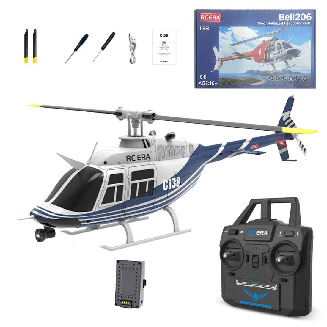 RC ERA C138 Bell 206 RC Helicopter for Adults, 1/30 Scale 2.4G 6CH Single Rotor RC Helicopter with Altitude Hold & Optical Flow Positioning - RTF