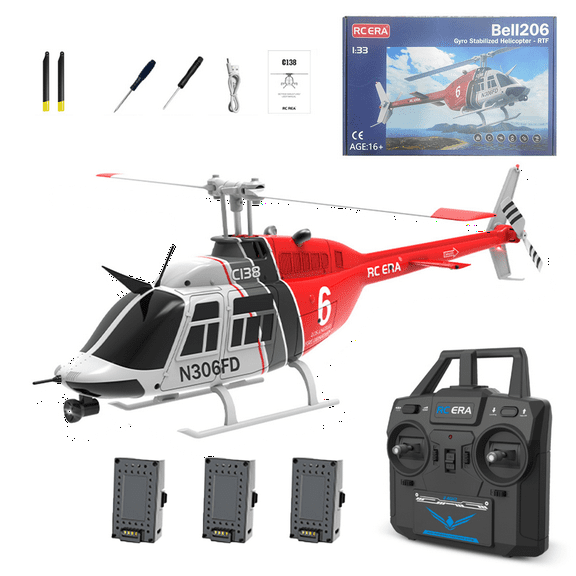 RC ERA C138 No Aileron RC Helicopter for Adults, 1/30 Scale 2.4G 6CH Bell 206 Remote Control Helicopter with Altitude Hold & Optical Flow - RTF
