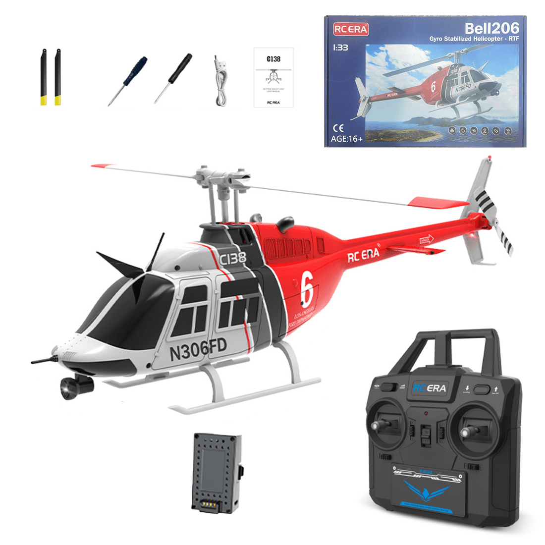 RC ERA C138 No Aileron RC Helicopter for Adults, 1/30 Scale 2.4G 6CH Bell 206 Remote Control Helicopter with Altitude Hold & Optical Flow - RTF