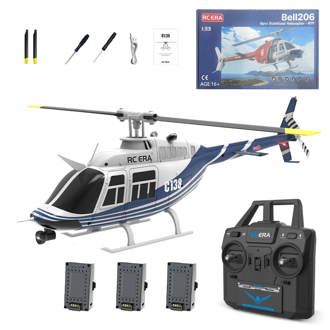 RC ERA C138 No Aileron RC Helicopter for Adults, 1/30 Scale 2.4G 6CH Bell 206 Remote Control Helicopter with Altitude Hold & Optical Flow - RTF