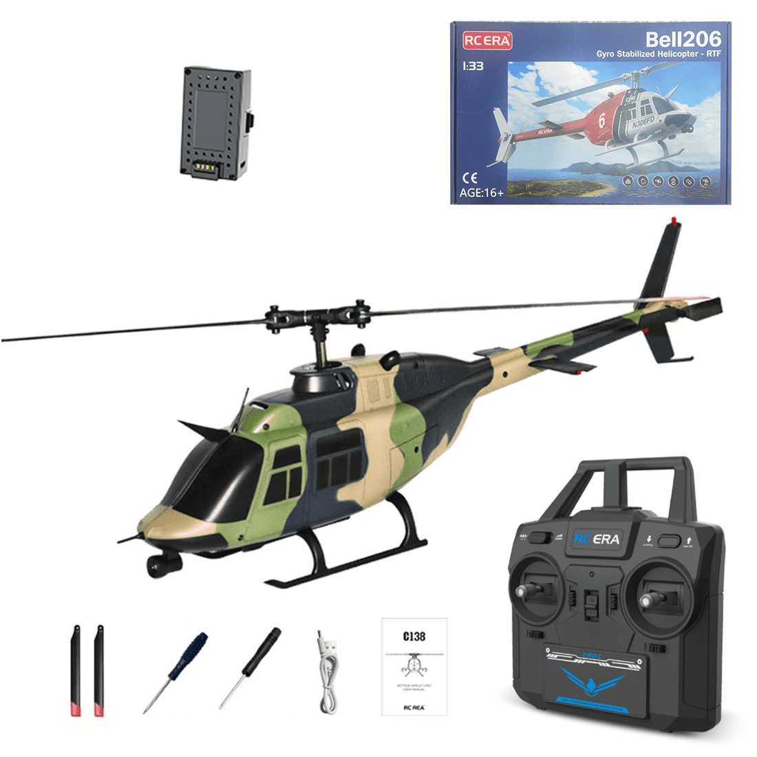 RC ERA C138 RC Helicopter, 1:30 Scale 6CH Flybarless RC Helicopter with Altitude Hold and Optical Flow, 2.4G Remote Control Aircraft with 3D Flight for Adults - 1 Battery