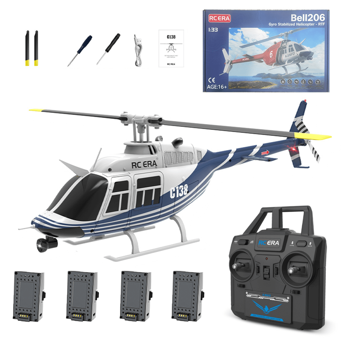 RC ERA C138 RC Helicopter, 1:30 Scale 6CH Flybarless RC Helicopter with Altitude Hold and Optical Flow, 2.4G Remote Control Aircraft with 3D Flight for Adults - 4 Battery