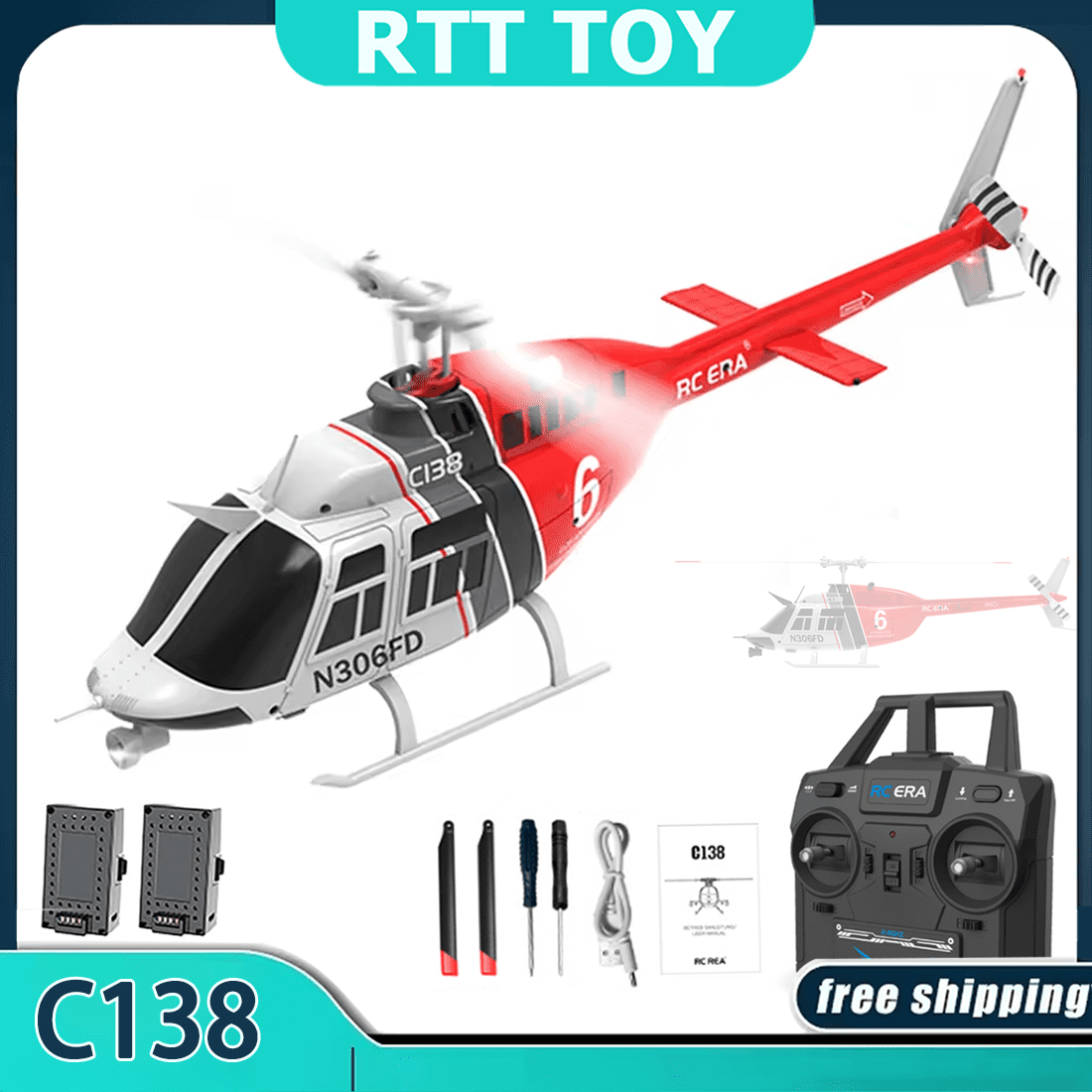 RC ERA C138 RC Helicopter, 1/33 Scale BELL 206 Single-Rotor 6CH Remote