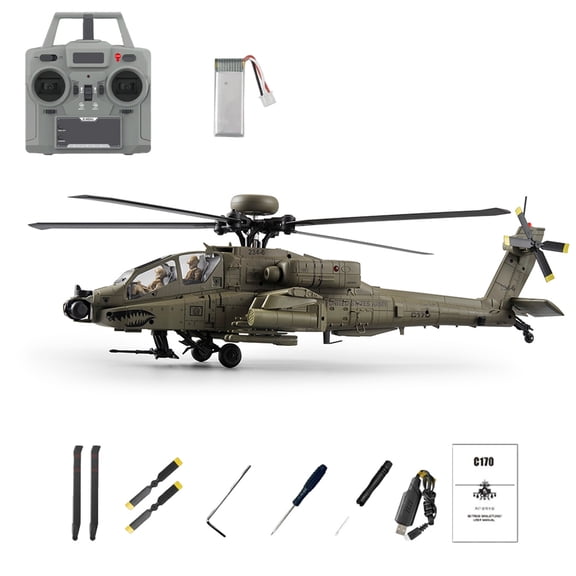 RC-ERA C170 AH-64D 1/48 Flybarless RC Helicopter, 6CH Remote Control Aircraft with Brushless Power, Optical Flow Hovering Positioning,One-Key Takeoff Landing- Army Green / 1 Battery
