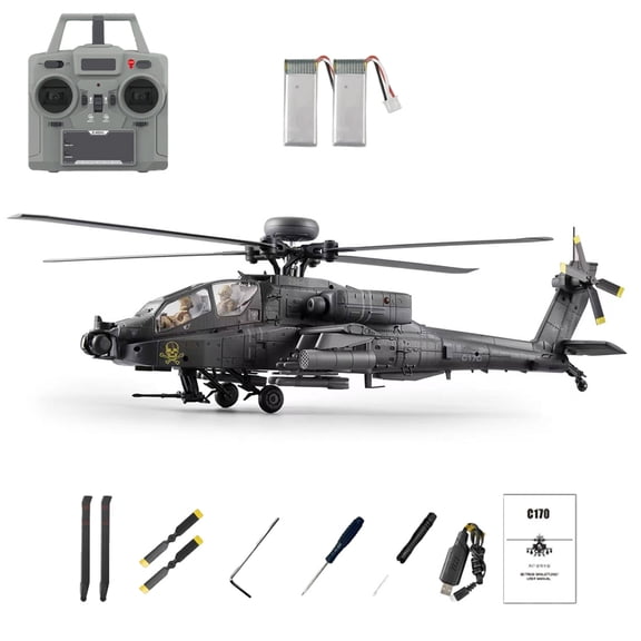 RC-ERA C170 AH-64D 1/48 Flybarless RC Helicopter, 6CH Remote Control Aircraft with Brushless Power, Optical Flow Hovering Positioning,One-Key Takeoff Landing- Dark Grey / 2 Battery
