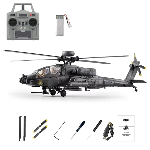 RC ERA C170 AH-64D 1/48 Scale RC Helicopter, Flybarless 6CH Aircraft with Optical Flow Positioning, Brushless Motor, Altitude Hold, One-Key Inverted Flight( Dark Grey / 1 Battery )
