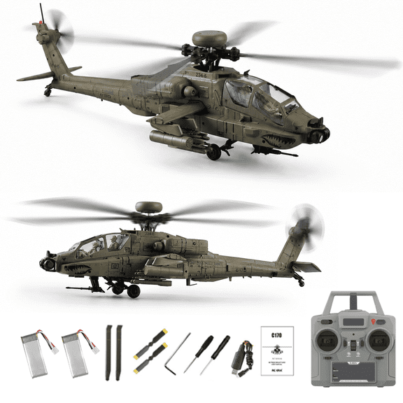 RC-ERA C170 AH-64D 6CH RC Helicopter 1/48 Flybarless Remote Control Aircraft with Optical Flow Positioning, Altitude Hold,Brushless Motor,One-Key Inverted Flight- Army Green / 2 Battery