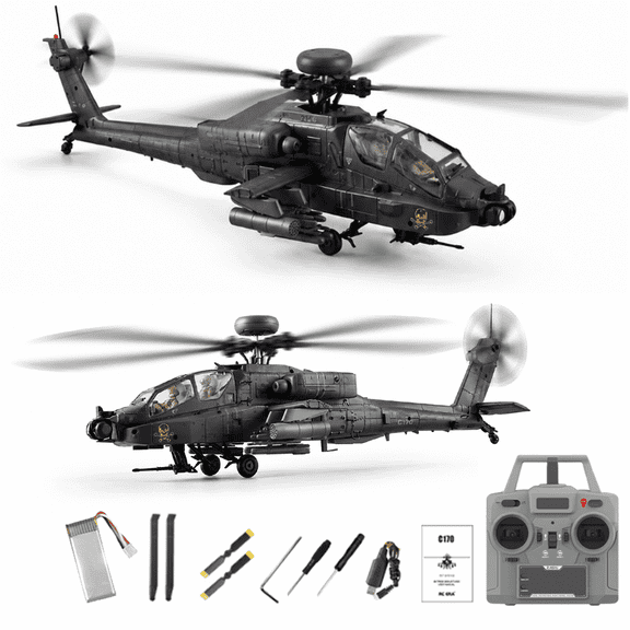 RC-ERA C170 AH-64D 6CH RC Helicopter 1/48 Flybarless Remote Control Aircraft with Optical Flow Positioning, Altitude Hold,Brushless Motor,One-Key Inverted Flight- Dark Grey / 1 Battery