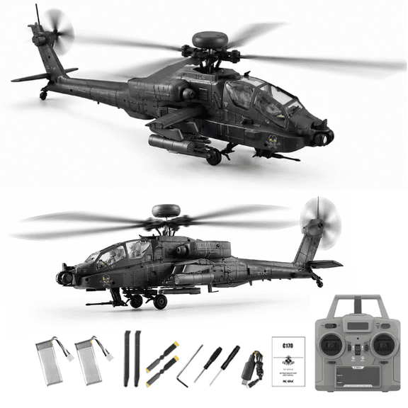 RC-ERA C170 AH-64D 6CH RC Helicopter 1/48 Flybarless Remote Control Aircraft with Optical Flow Positioning, Altitude Hold,Brushless Motor,One-Key Inverted Flight- Dark Grey / 2 Battery