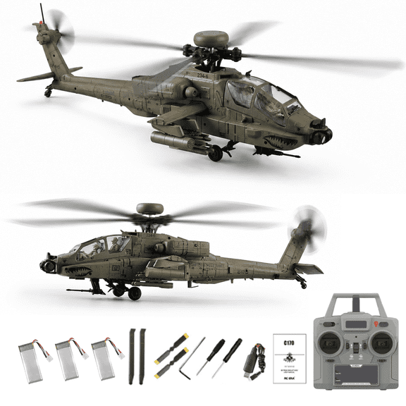 RC-ERA C170 AH-64D 6CH RC Helicopter 1/48 Flybarless Remote Control Aircraft with Optical Flow Positioning, Altitude Hold,Brushless Motor,One-Key Inverted Flight- Army Green / 3 Battery