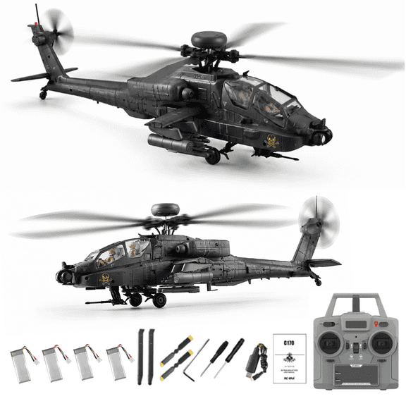 RC-ERA C170 AH-64D 6CH RC Helicopter 1/48 Flybarless Remote Control Aircraft with Optical Flow Positioning, Altitude Hold,Brushless Motor,One-Key Inverted Flight- Dark Grey / 4 Battery