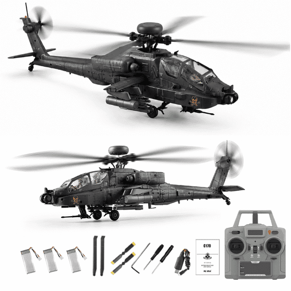 RC-ERA C170 AH-64D 6CH RC Helicopter 1/48 Flybarless Remote Control Aircraft with Optical Flow Positioning, Altitude Hold,Brushless Motor,One-Key Inverted Flight- Dark Grey / 3 Battery