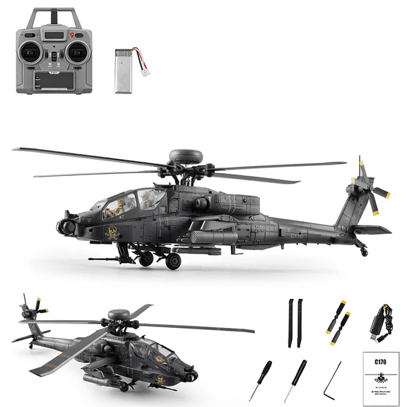 RC-ERA C170 AH-64D Brushless RC Helicopter, 1/48 Scale 2.4GHz 6CH Flybarless Military Remote Control Helicopter with TOF Altitude Hold, Optical Flow Positioning & One-Key Inverted Flight