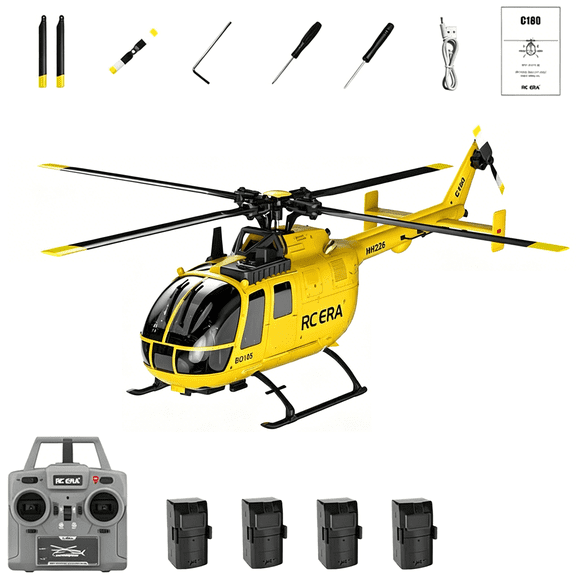 RC ERA C180 1/25 Scale 2.4GHz RC Helicopter Single Rotor 6-Axis Gyro Brushless Motor RC Aircraft Model with Optical Flow Positioning & Barometric Altitude Hold RTF (Yellow/4 Battery)