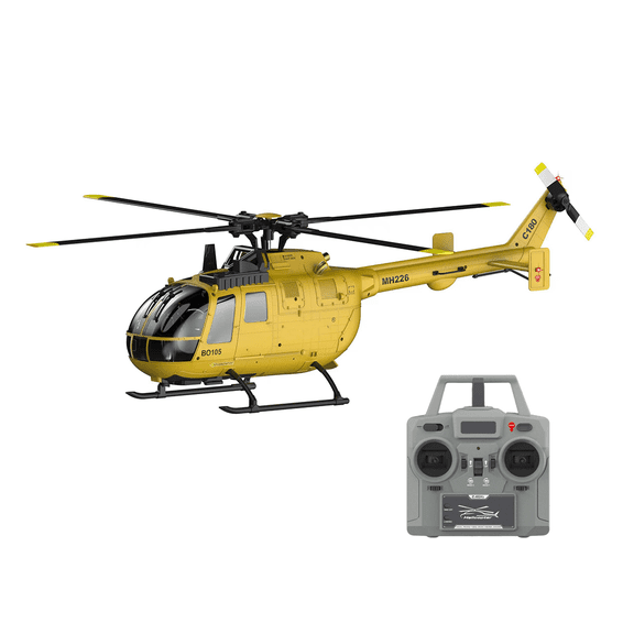 RC ERA C180 BO-105 1:25 Scale 6CH RC Helicopter, Brushless Motor, 6-Axis Gyro, TOF LiDAR Altitude Hold & Optical Flow Positioning,Single Rotor Military Aircraft RTF( Yellow / 1 Battery )