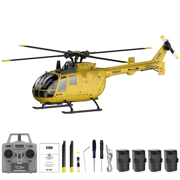 RC ERA C180 BO-105 Brushless RC Helicopter, 6CH with 6-Axis Gyro, Optical Flow, Altitude Hold, One-Key Takeoff & Inverted Flight for Beginner RTF(Yellow/4 Battery)