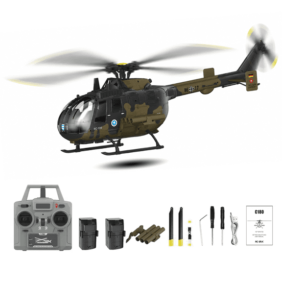 RC ERA C180 BO-105 RC Helicopter, 6-Axis Gyro 6CH Brushless Motor Optical Flow, Altitude Hovering, One-Key Takeoff Inverted Flight RTF for Beginner Adults( Camouflage / 2 Battery )