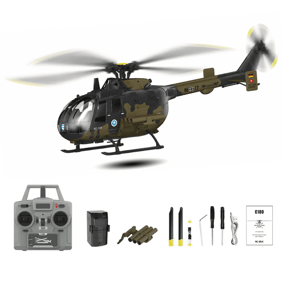 RC ERA C180 BO-105 RC Helicopter, 6-Axis Gyro 6CH Brushless Motor Optical Flow, Altitude Hovering, One-Key Takeoff Inverted Flight RTF for Beginner Adults( Camouflage / 1 Battery )