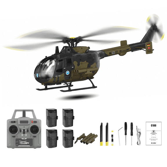RC ERA C180 BO-105 RC Helicopter, 6-Axis Gyro 6CH Brushless Motor Optical Flow, Altitude Hovering, One-Key Takeoff Inverted Flight RTF for Beginner Adults( Camouflage / 4 Battery )