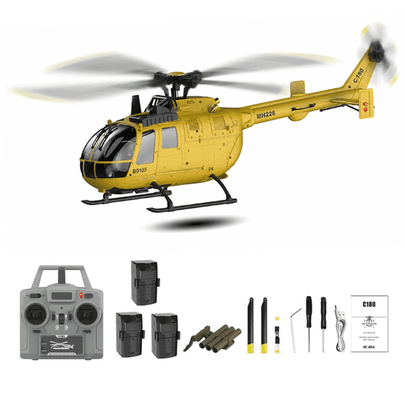 RC ERA C180 BO-105 RC Helicopter, 6-Axis Gyro 6CH Brushless Motor Optical Flow, Altitude Hovering, One-Key Takeoff Inverted Flight RTF for Beginner Adults( Yellow / 3 Battery )
