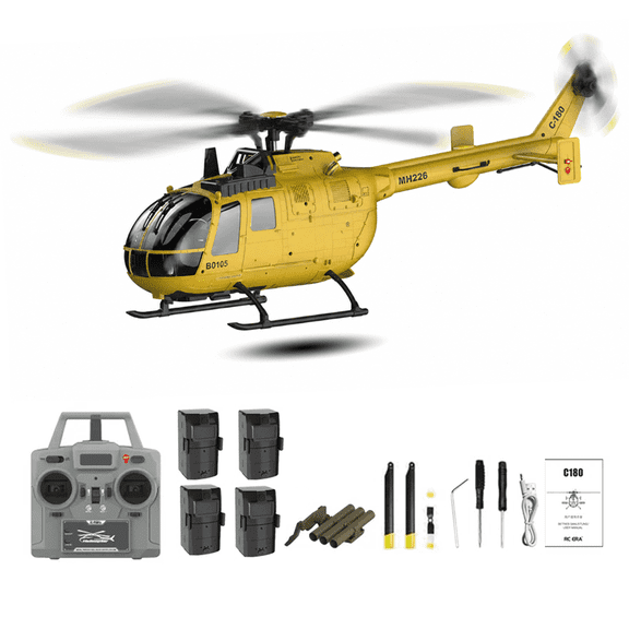 RC ERA C180 BO-105 RC Helicopter, 6-Axis Gyro 6CH Brushless Motor Optical Flow, Altitude Hovering, One-Key Takeoff Inverted Flight RTF for Beginner Adults( Yellow / 4 Battery )