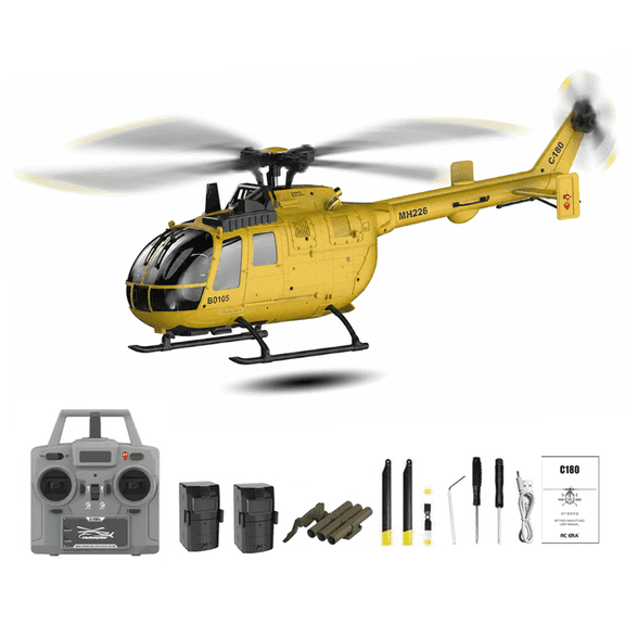 RC ERA C180 BO-105 RC Helicopter, 6-Axis Gyro 6CH Brushless Motor Optical Flow, Altitude Hovering, One-Key Takeoff Inverted Flight RTF for Beginner Adults( Yellow / 2 Battery )