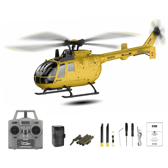 RC ERA C180 BO-105 RC Helicopter, 6-Axis Gyro 6CH Brushless Motor Optical Flow, Altitude Hovering, One-Key Takeoff Inverted Flight RTF for Beginner Adults( Yellow / 1 Battery )