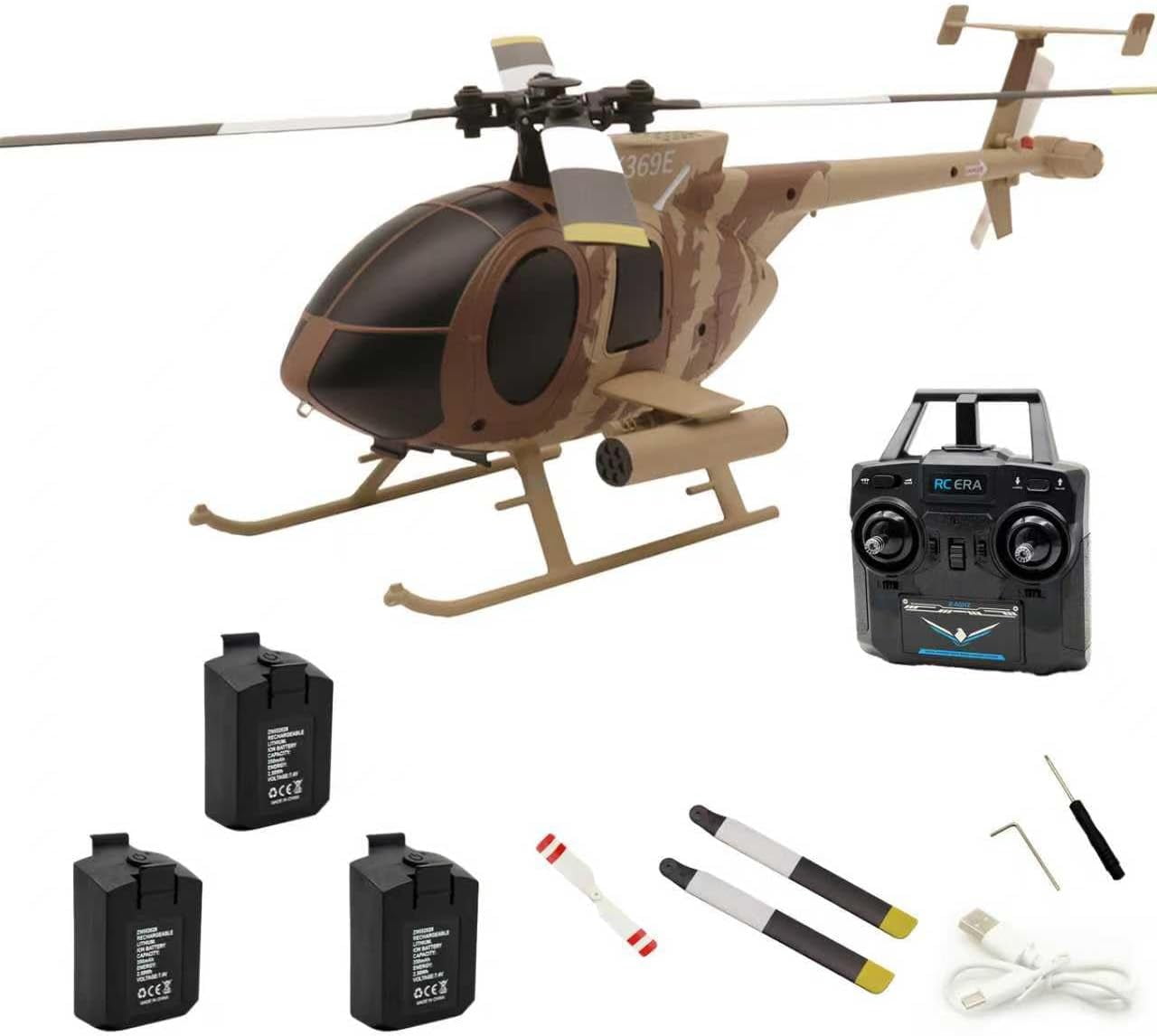 RC ERA C184 MD500 RC Helicopter, 2.4G 4CH Brushless RC Helicopter with Optical Positioning, 6-Axis Groy Military Aircraft Model for Adults - 2 Battery