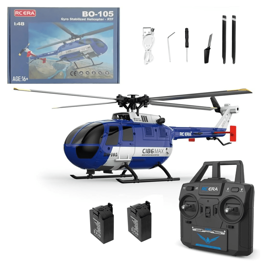 RC ERA C186MAX BO105 1:48 RC Helicopter, 2.4GHz 4CH Single Flybarless Direct-Drive 6-Axis Gyro Aircraft Toy with Optical Flow / Low Voltage Alarm -RTF Total Control for Adults