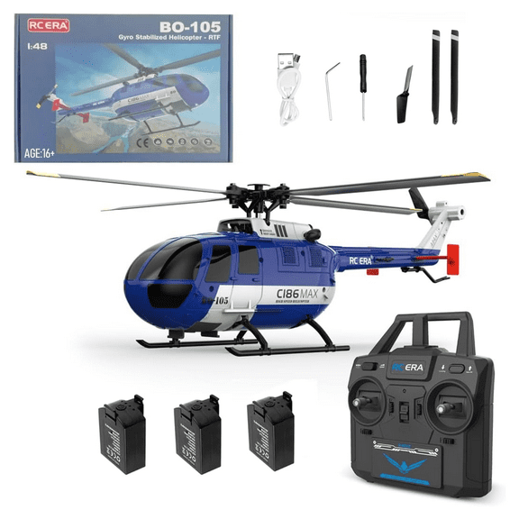 RC ERA C186MAX BO105 1:48 RC Helicopter, 2.4GHz 4CH Single Flybarless Direct-Drive 6-Axis Gyro Aircraft Toy with Optical Flow / Low Voltage Alarm -RTF Total Control for Adults