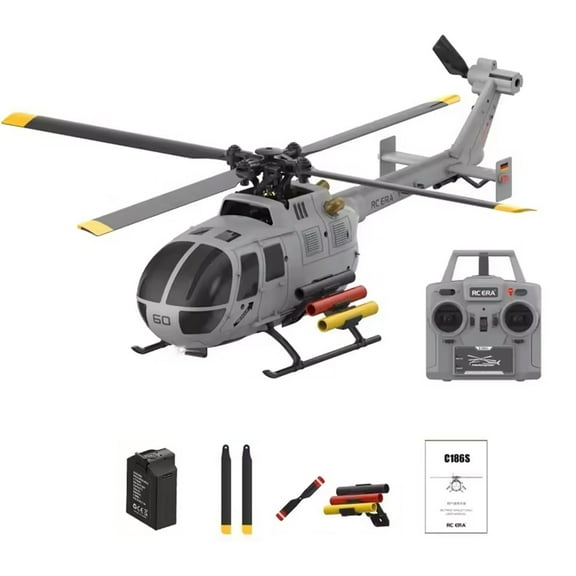 RC ERA C186S BO105 1/48 Scale 6CH RC Helicopter 6 Axis Gyro Brushless Motor Flybarless Aircraft with Optical Flow Positioning and Upgraded Transmitter RTF for Beginner( Gray / 1 Battery )