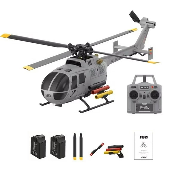 RC ERA C186S BO105 1/48 Scale 6CH RC Helicopter Brushless Motor Aircraft with Optical Flow Positioning and Triple-Speed Adjustment RTF Model for Beginner( Gray / 2 Battery )