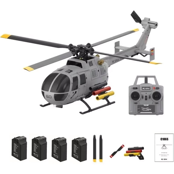 RC ERA C186S BO105 1/48 Scale 6CH RC Helicopter Brushless Motor Aircraft with Optical Flow Positioning and Triple-Speed Adjustment RTF Model for Beginner( Gray / 4 Battery )