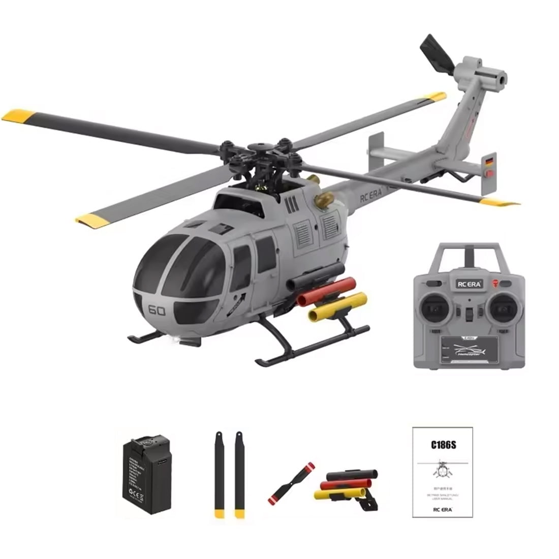 RC-ERA C186S BO105 RC Helicopter 6CH Brushless 2.4GHz Remote Control Aircraft with Optical Flow Positioning, Altitude Hold, 6 Axis Gyro, One Key Takeoff Landing for Adults - 1 Battery