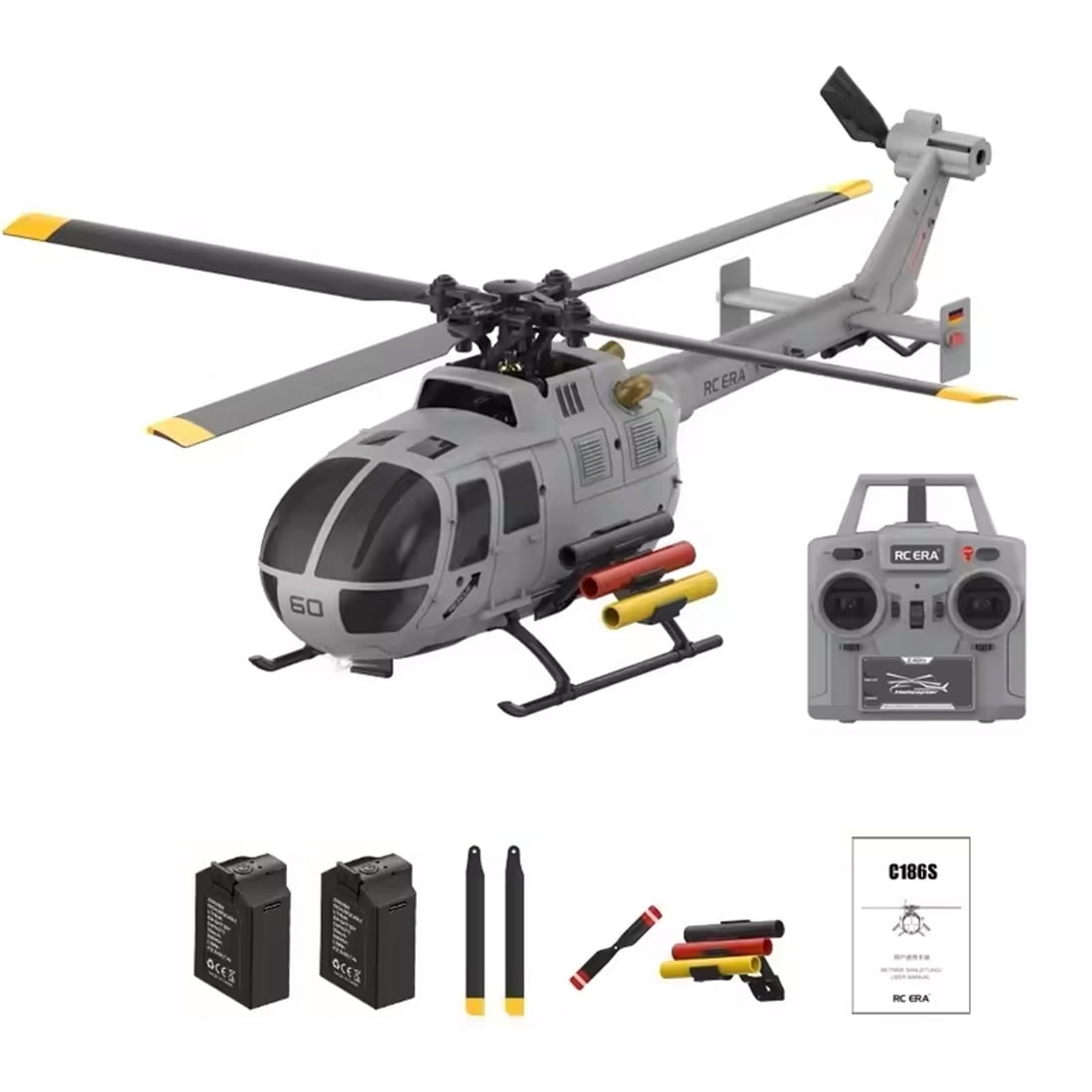 RC-ERA C186S BO105 RC Helicopter 6CH Brushless 2.4GHz Remote Control Aircraft with Optical Flow Positioning, Altitude Hold, 6 Axis Gyro, One Key Takeoff Landing for Adults - 2 Battery